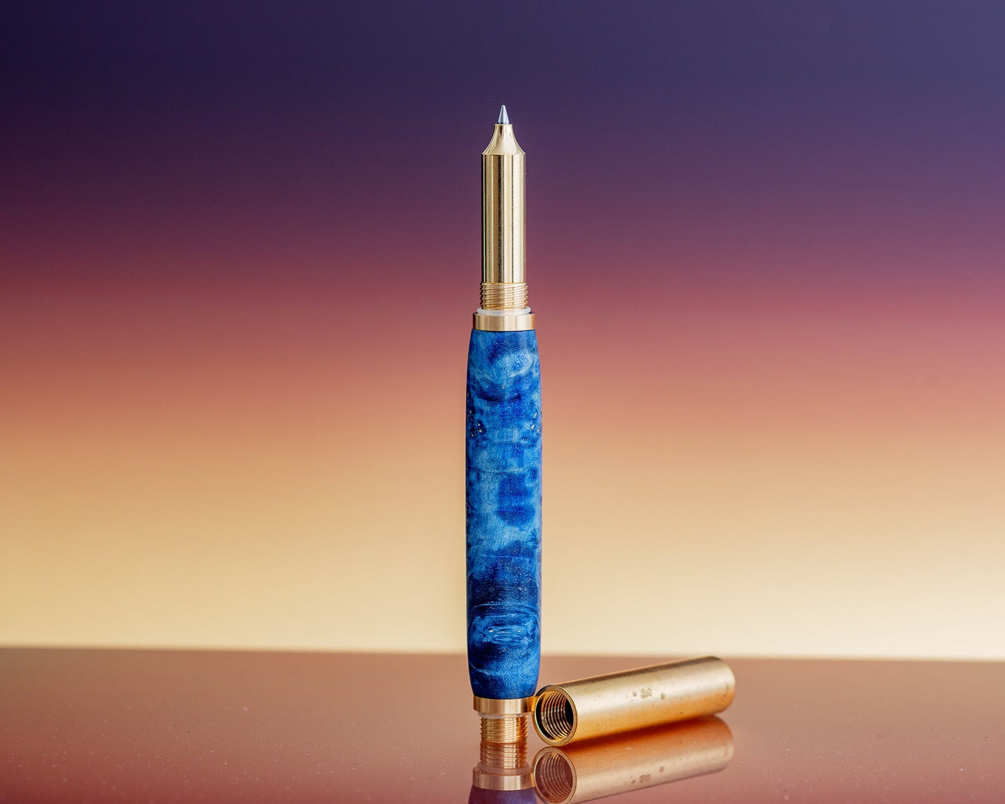 Handcrafted Rollerball Pen | Blue Stabilized Box Elder Burl Pen w/ Raw Brass Hardware | Handturned Rollerball Pen w/ Colored Burl Wood Blank