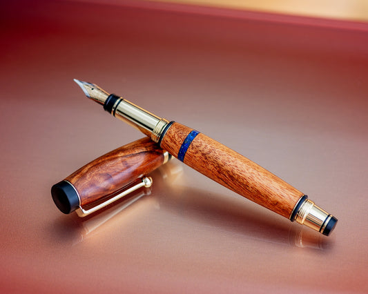 Handcrafted Tigerwood Pens | Classic Fountain/Rollerball Pens Handturned w/ Gold Hardware, Goncalo Alves Wood & Lapis Lazuli Inlay