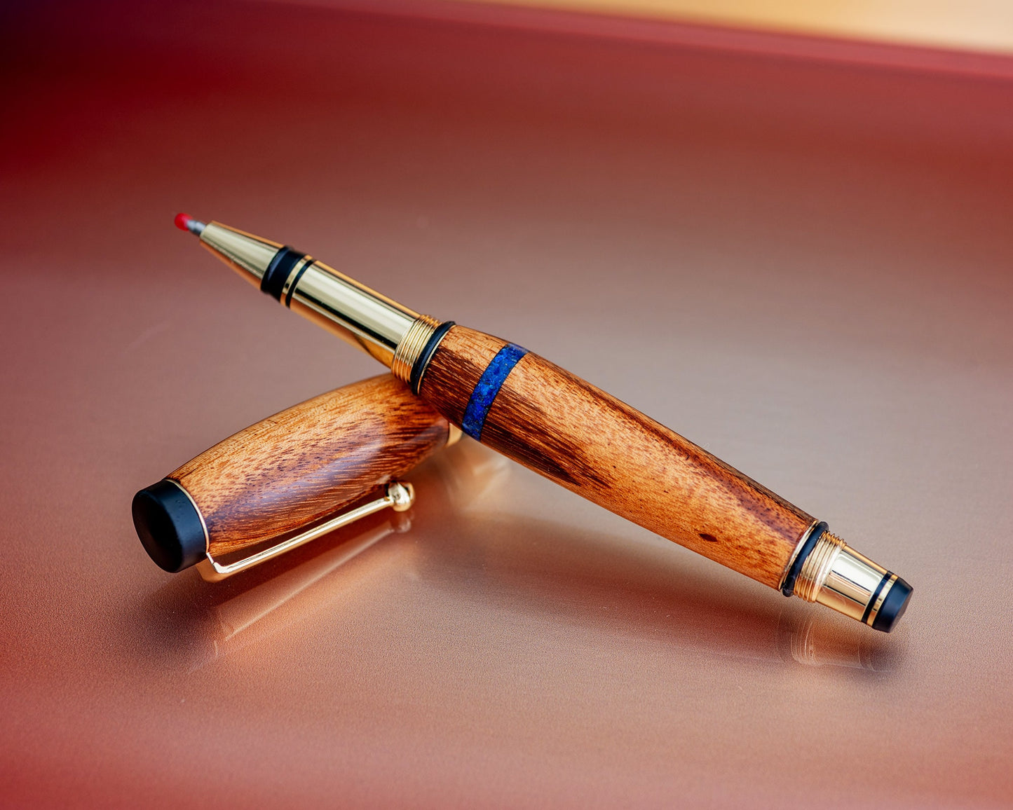 Handcrafted Tigerwood Pens | Classic Fountain/Rollerball Pens Handturned w/ Gold Hardware, Goncalo Alves Wood & Lapis Lazuli Inlay