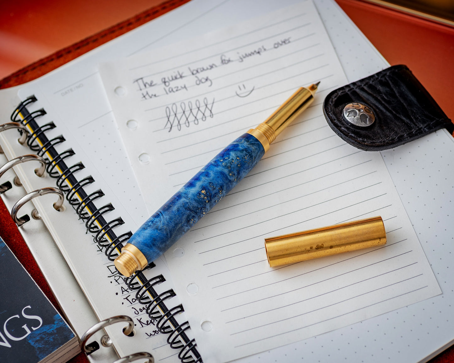 Handcrafted Rollerball Pen | Blue Stabilized Box Elder Burl Pen w/ Raw Brass Hardware | Handturned Rollerball Pen w/ Colored Burl Wood Blank